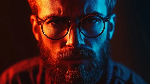 Intense bearded man in glasses under red and blue light.