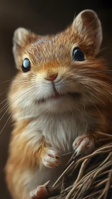 Tiny whiskered daydreamer gazes out from a straw hideaway.