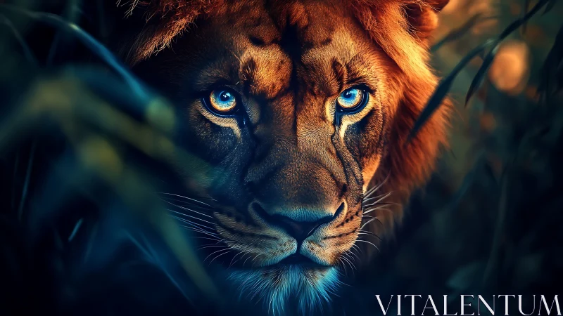 Digital painting of blue-eyed lion with cinematic contrast.