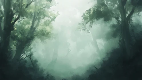 Verdant Veil: A Forest Bathed in Ethereal Mist.