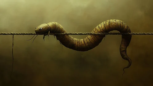 Strange wormlike creature curls along a taut rope in misty gloom.