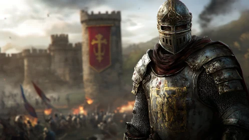 Armored crusader stands before besieged medieval fortress
