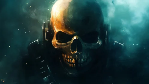 Burnished skull warrior emerges through toxic teal fog.