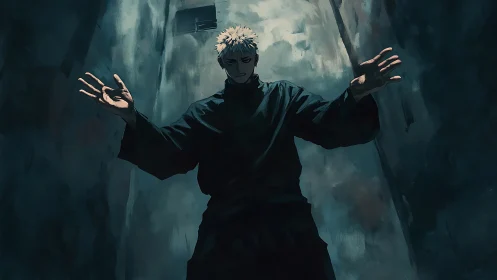 Male figure stands in narrow alleyway with outstretched arms