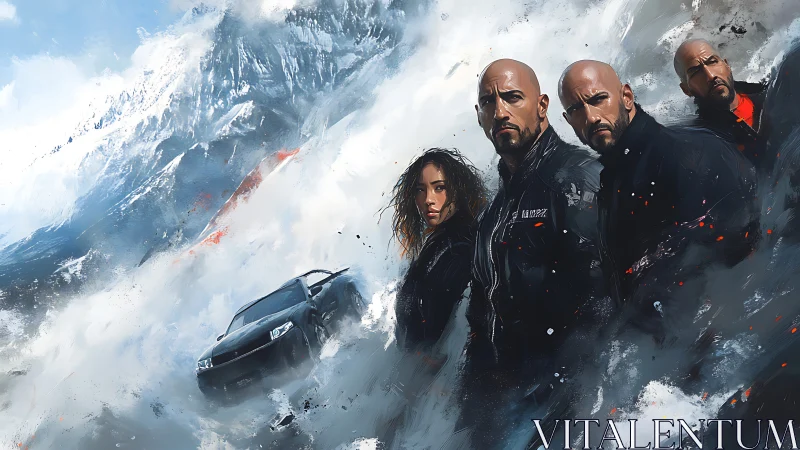 Four figures in black jackets before snowy mountain slope.