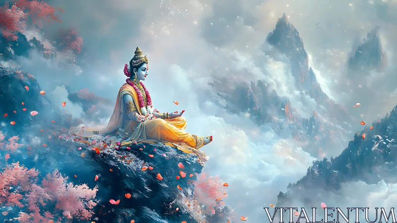 Divine figure meditates in luminous clouds above mystic peaks