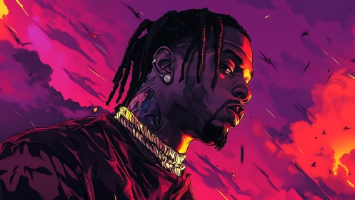 Cel-shaded rapper portrait under neon magenta storm sky.