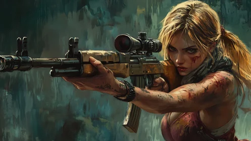 Battle-scarred sniper locks target with unwavering focus.