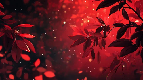 Scarlet foliage glowing against a dreamy bokeh nightscape.