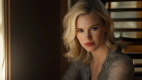 Blonde woman framed by soft window light indoors