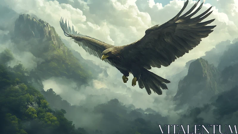 Majestic Eagle Soaring Over Misty Mountain Landscape, Fantasy Art.