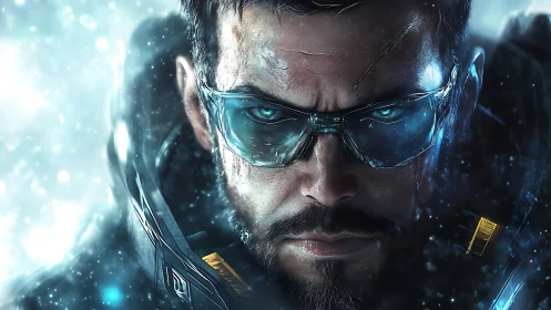 Cybernetic soldier portrait with glowing blue tech visor.