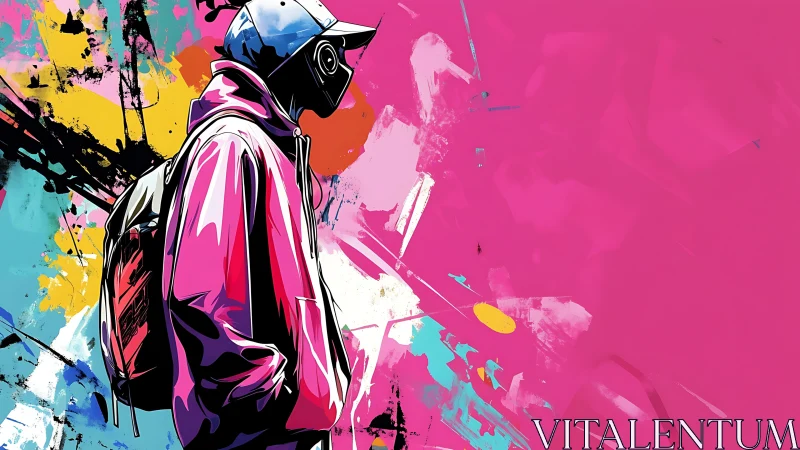 Urban daydreamer in neon hoodie against wild pink storm.