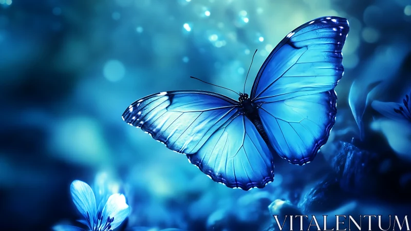 Blue morpho butterfly hovers over glowing blurred flowers