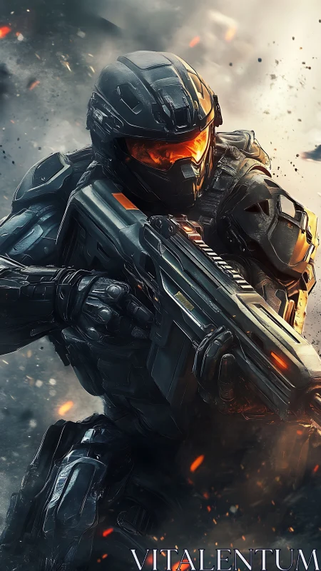 Armored space soldier racing through a blazing battlefront.