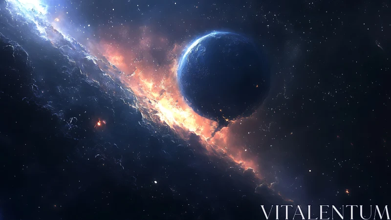 Illuminated exoplanet crossing bright nebular shock front in space