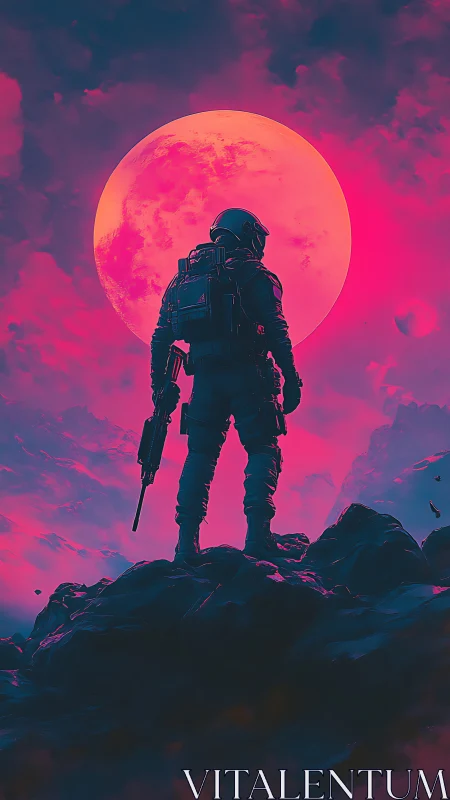 Solitary armed figure stands before large pink celestial body