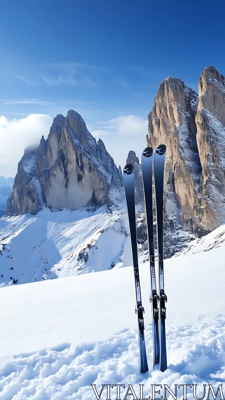 Three waiting skis salute sunlit Dolomite snow towers