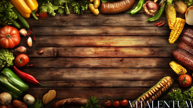 Rustic wooden table bordered by grilled meats and vegetables