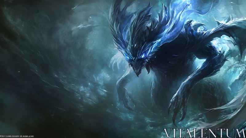 Stormlit sea dragon emerging from swirling midnight waves.