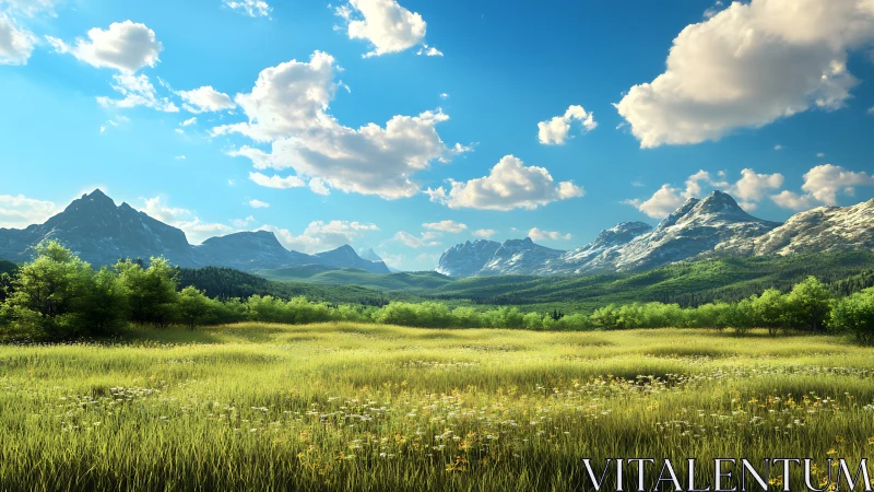 Sunny mountain valley with open meadow and distant peaks.