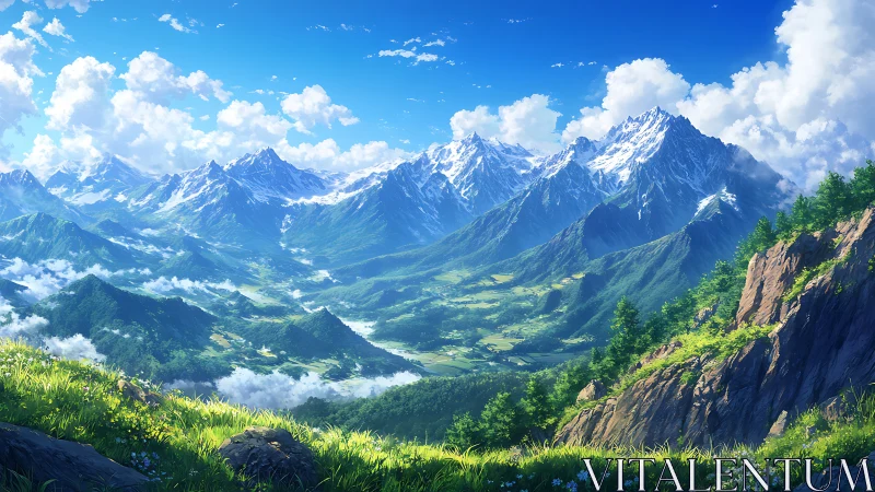 Mountain valley landscape stretches under bright blue sky