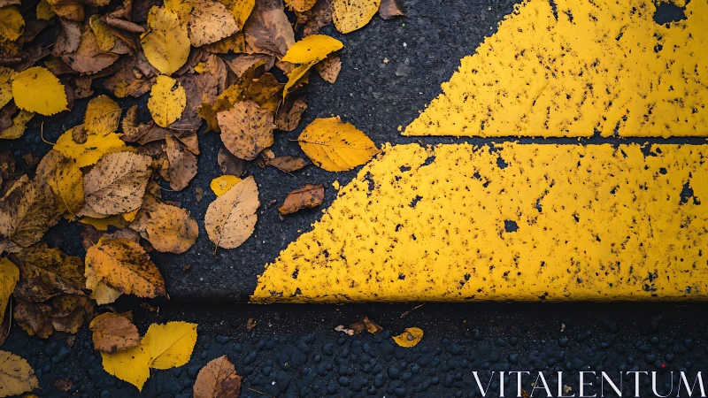 Fallen leaves quietly argue with a cracked yellow street arrow