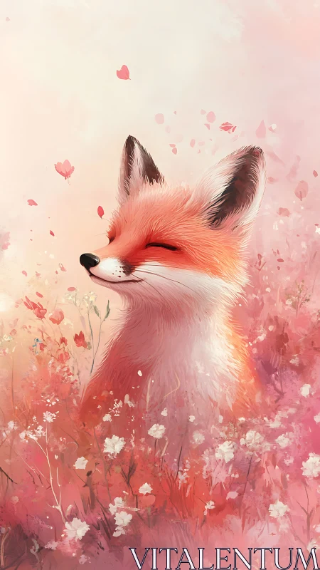 Serene fox portrait in pastel floral meadow illustration.