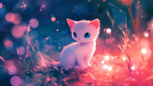 Pink cat sitting in glowing bokeh with illuminated flora environment