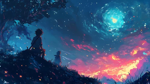 Two figures observe swirling night sky over vivid horizon.
