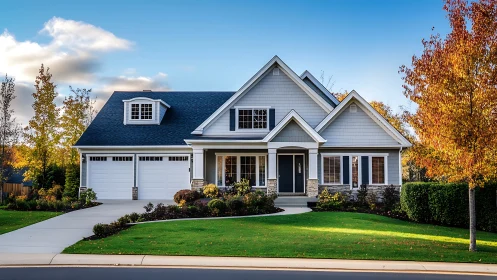 Suburban gabled residence with landscaped autumn garden façade.