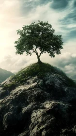 Solitary hilltop tree under dynamic stratiform skyscape.