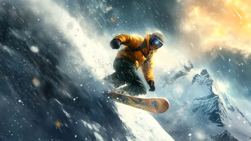 Dynamic snowboarder carving stormy alpine slope in vivid light