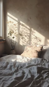 Sunlit minimal bedroom with soft linens and shadows.