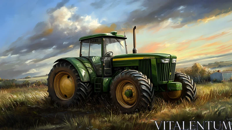 Green farm tractor in grassy field at colorful sunset.