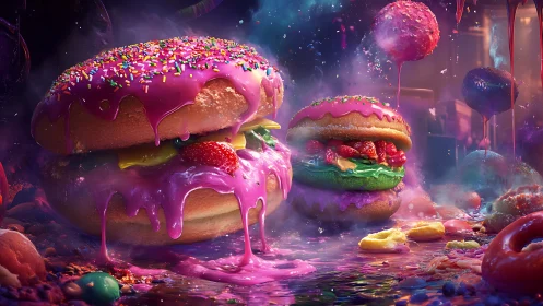 Digital painting of neon-glazed dessert burgers in vapor haze.