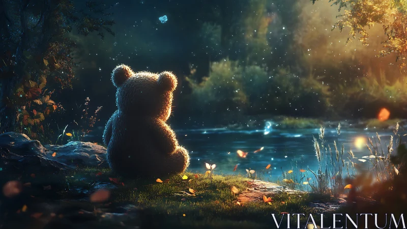 Teddy bear watches enchanted riverside glow at twilight.
