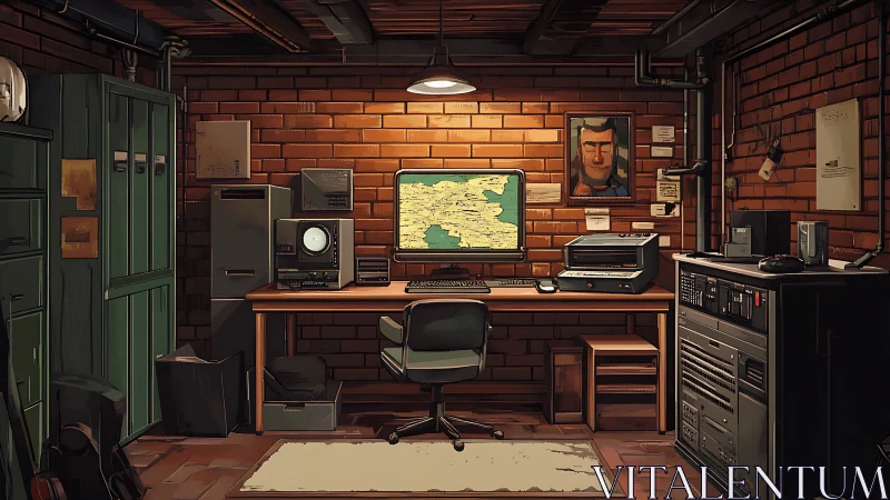Brick wall basement office shows retro computer workstation