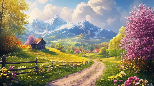 Mountain valley path with spring flowers and cottages.