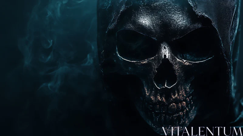 Specular-lit hooded skull rendered with high-contrast volumetric fog