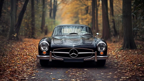 Timeless black classic car enjoys a quiet autumn forest road