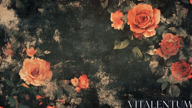 Weathered digital rendering depicts orange roses on dark ground
