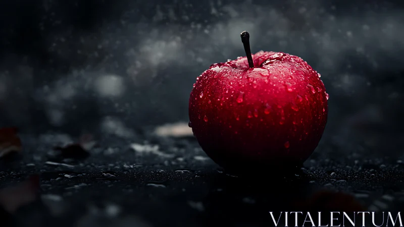 Crimson rain-kissed apple glowing against storm-dark shadows.