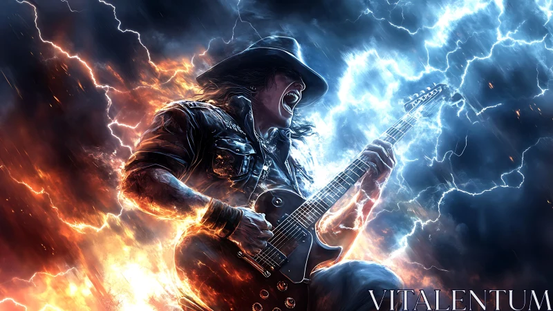 Electric rock guitarist unleashes blazing lightning solo