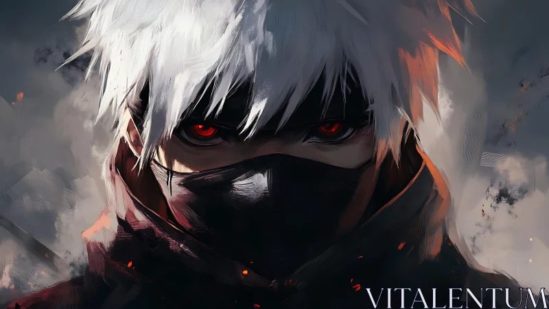 Masked white-haired warrior holds intense red-eyed stare
