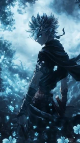 Silver-haired rogue strides through luminous cyan forest.