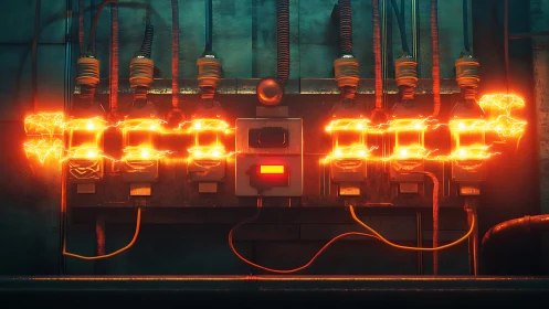 Overloaded industrial fuse panel channels volatile orange arcs