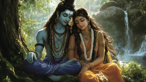 Divine couple in forest beside waterfall, serene devotion.