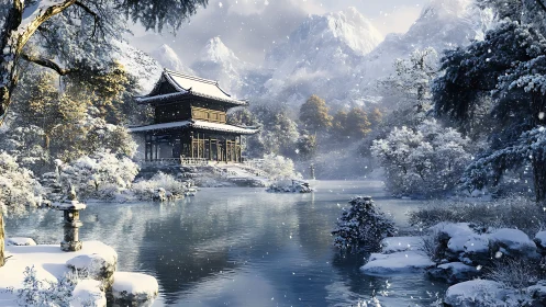 Winter temple refuge by a quiet mountain lake in snowfall.