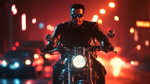 Cyber-noir rider advances through neon-lit urban corridor